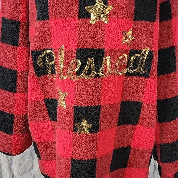 COMO VINTAGE Black and Red Plaid Gold Sequined Christmas Sweater Medium - Picture 3 of 6